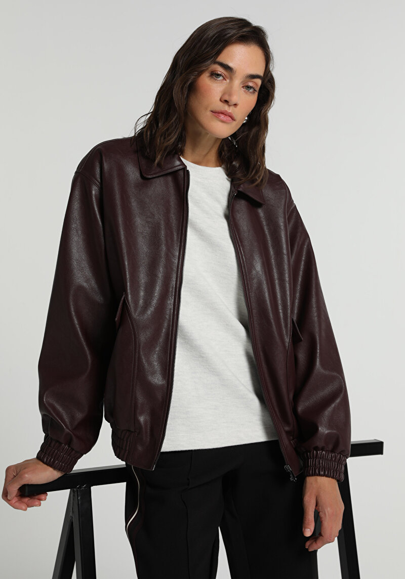 Regular Fit Shirt Neck Fermuarlı Astarlı Kaplamalı Kadın Bordo Mont Pu