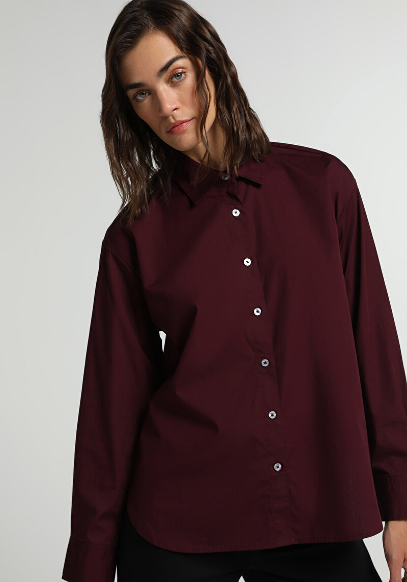 Boyfriend Fit Shirt Neck Düz Kadın Bordo Uzun Kol Gömlek