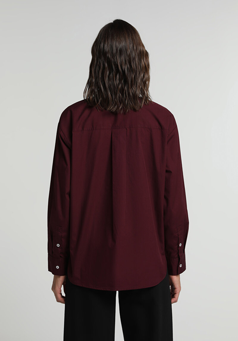 Boyfriend Fit Shirt Neck Düz Kadın Bordo Uzun Kol Gömlek