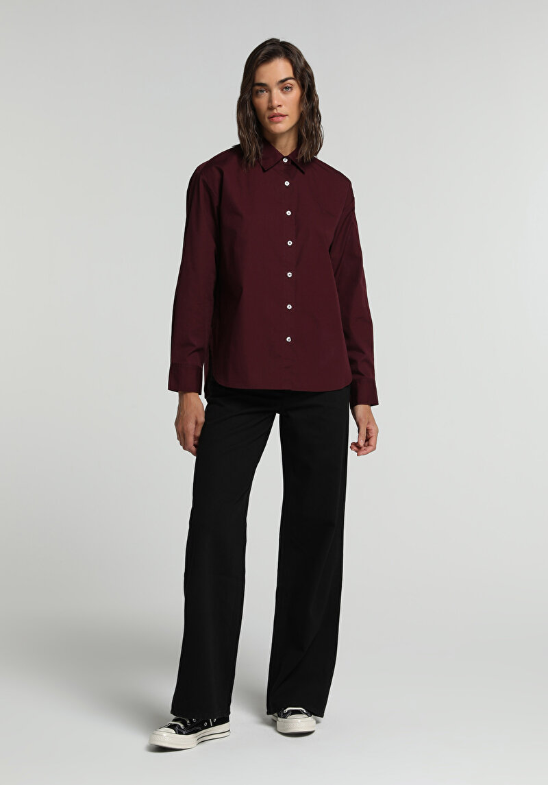 Boyfriend Fit Shirt Neck Düz Kadın Bordo Uzun Kol Gömlek