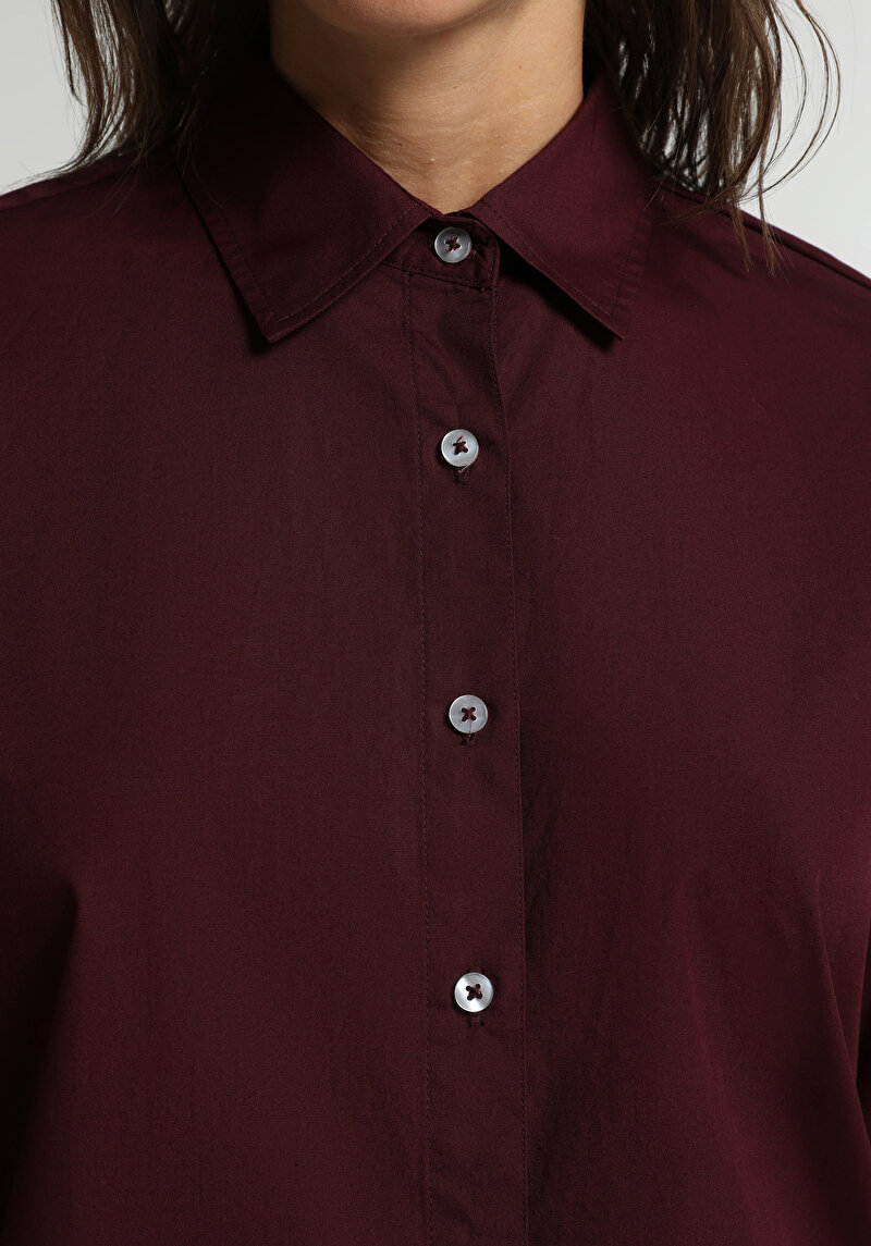 Boyfriend Fit Shirt Neck Düz Kadın Bordo Uzun Kol Gömlek
