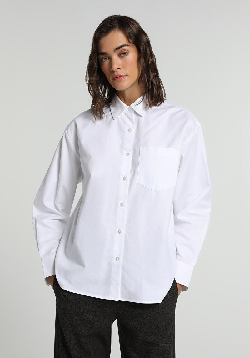 Boyfriend Fit Shirt Neck Düz Kadın Beyaz Uzun Kol Gömlek