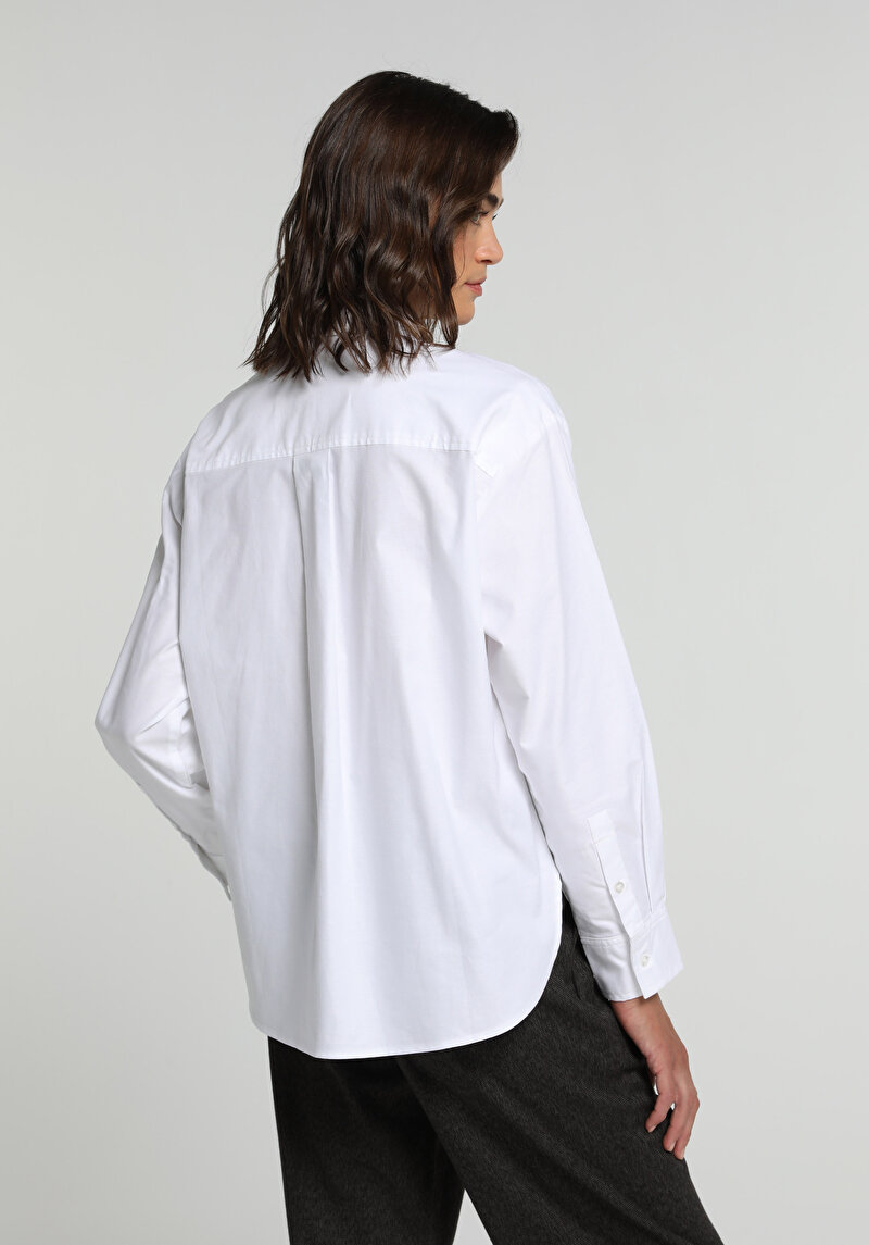 Boyfriend Fit Shirt Neck Düz Kadın Beyaz Uzun Kol Gömlek