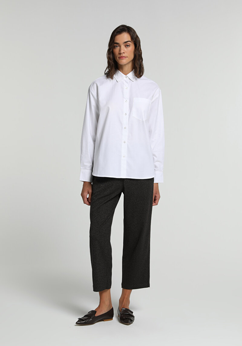 Boyfriend Fit Shirt Neck Düz Kadın Beyaz Uzun Kol Gömlek