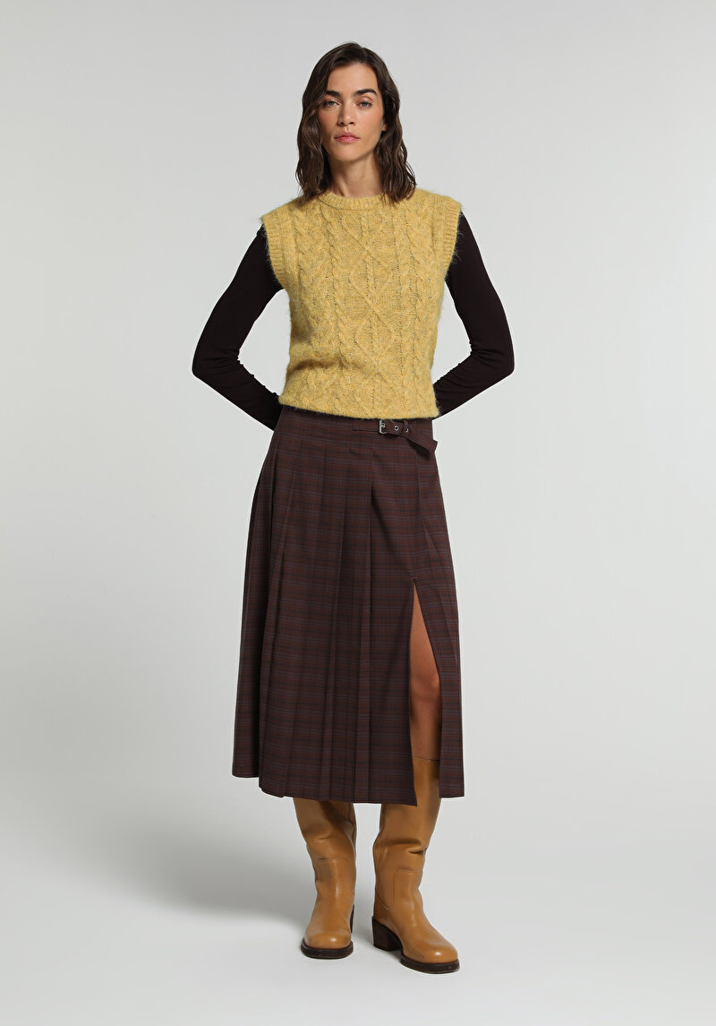 Midi Ekoseli Fermuarlı Kadın Kahverengi Etek