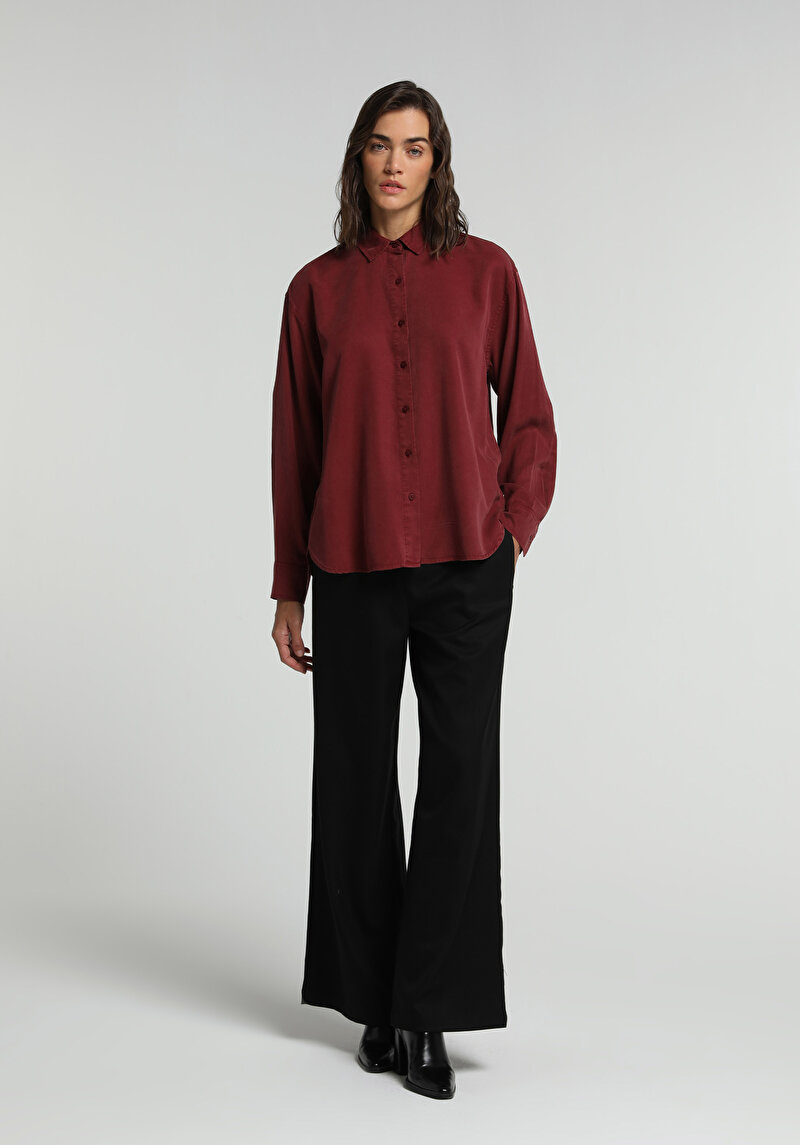 Boyfriend Fit Shirt Neck Düz Kadın Bordo Uzun Kol Gömlek