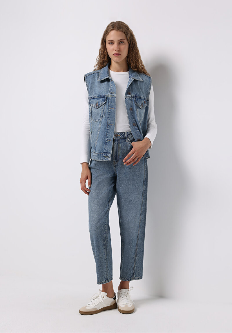 Barrel Fit   Kadın Light İndigo Denim Jean Pantolon