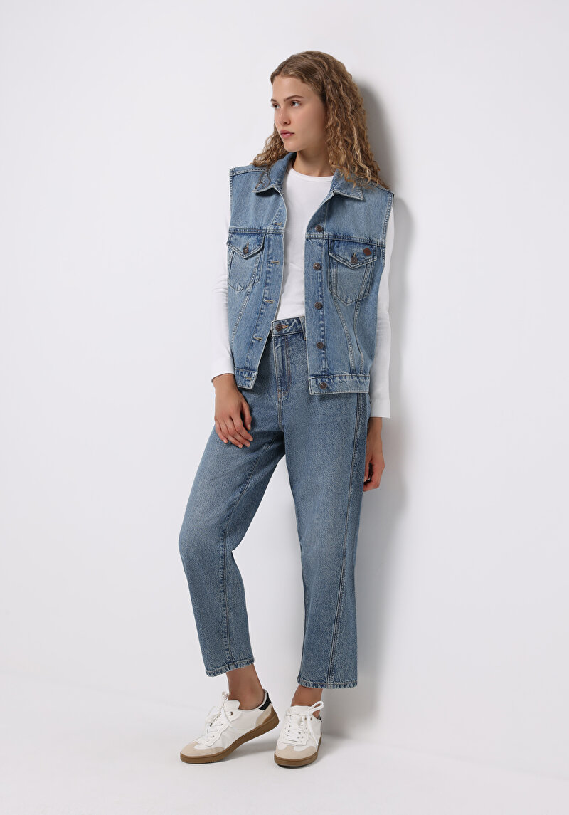 Barrel Fit   Kadın Light İndigo Denim Jean Pantolon