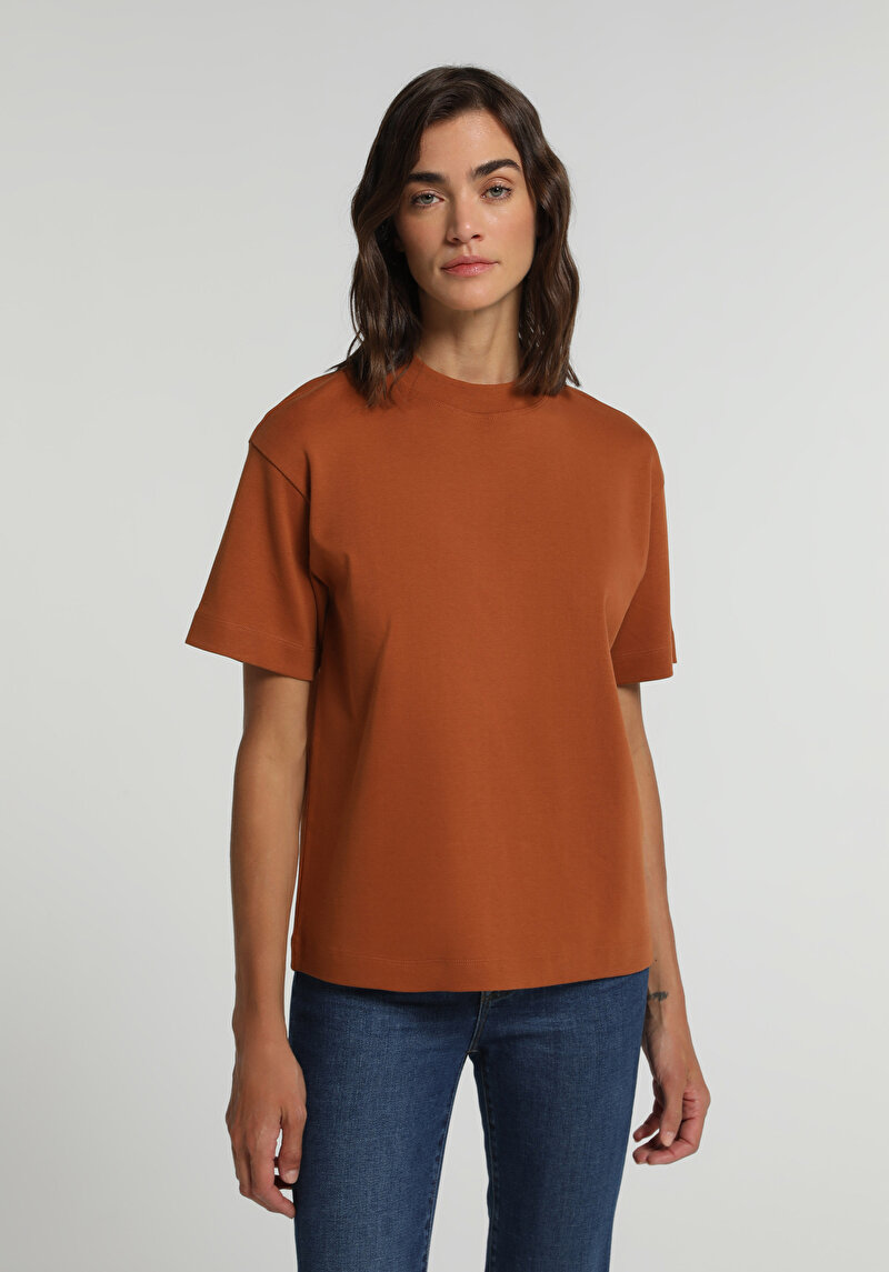 Regular Fit Yuvarlak Yaka Düz Kadın Turuncu Kısa Kol Tişört