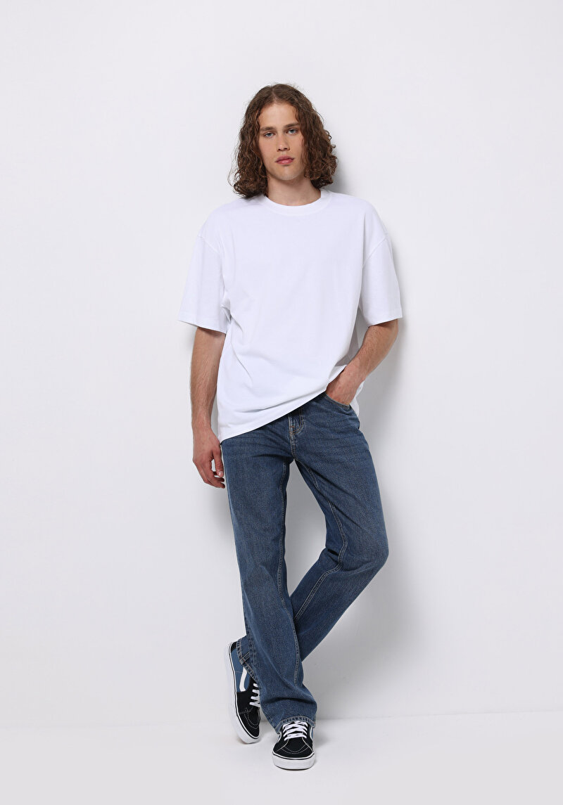 Loose Tapered Fit   Erkek Mid İndigo Denim Jean Pantolon