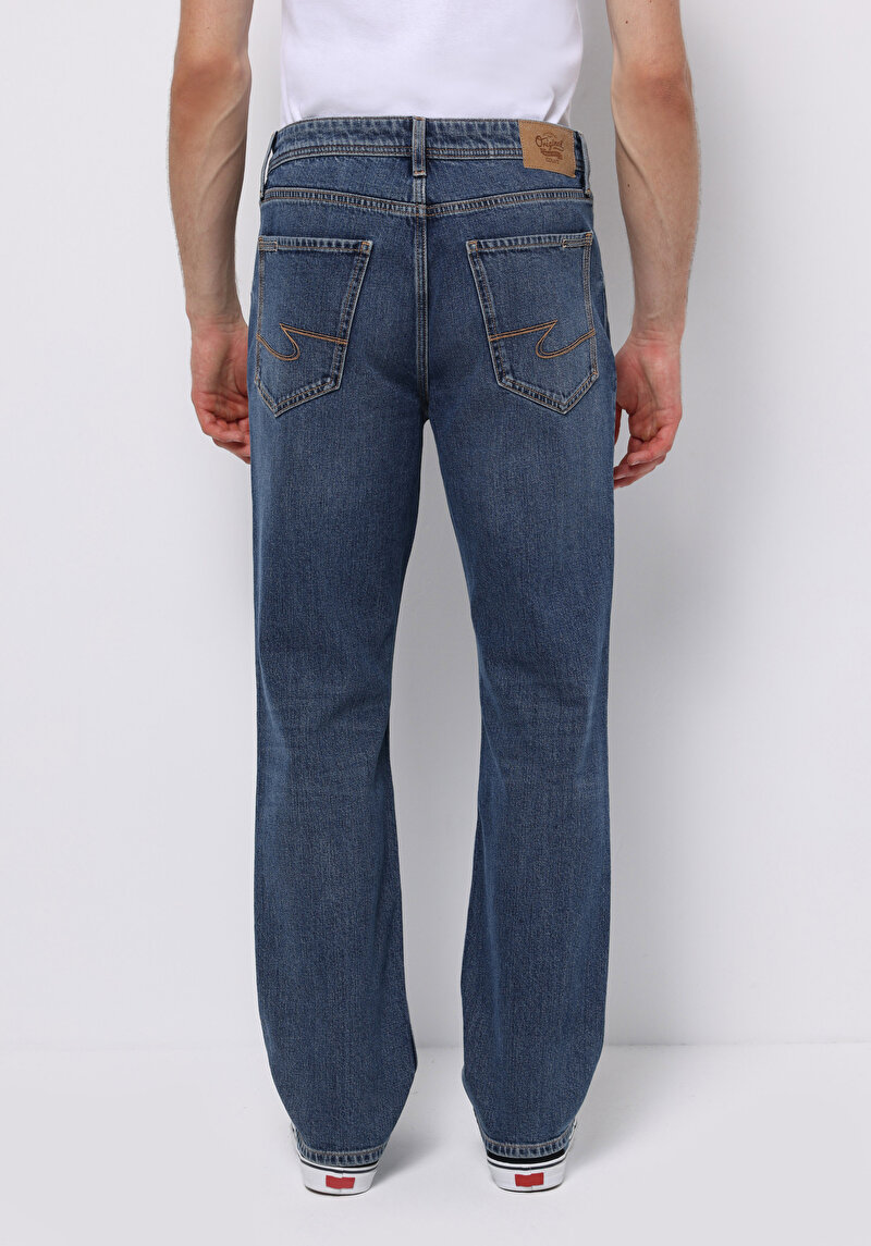 Loose Tapered Fit   Erkek Mid İndigo Denim Jean Pantolon