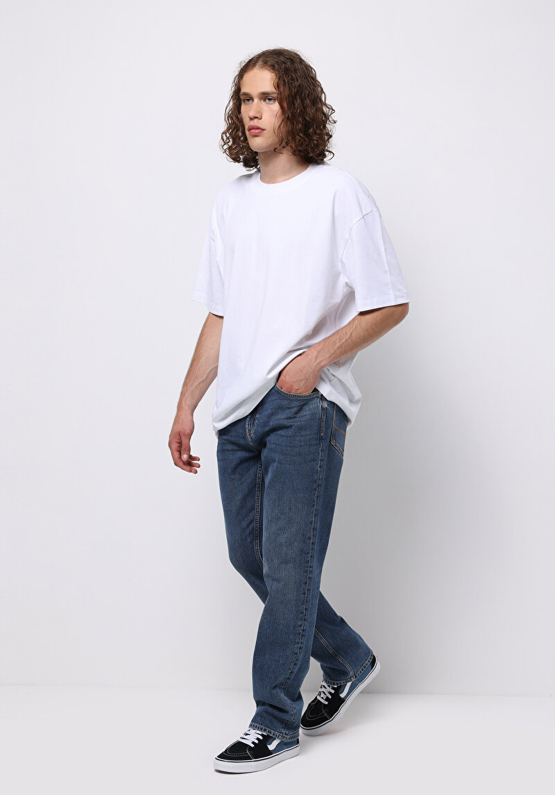 Loose Tapered Fit   Erkek Mid İndigo Denim Jean Pantolon