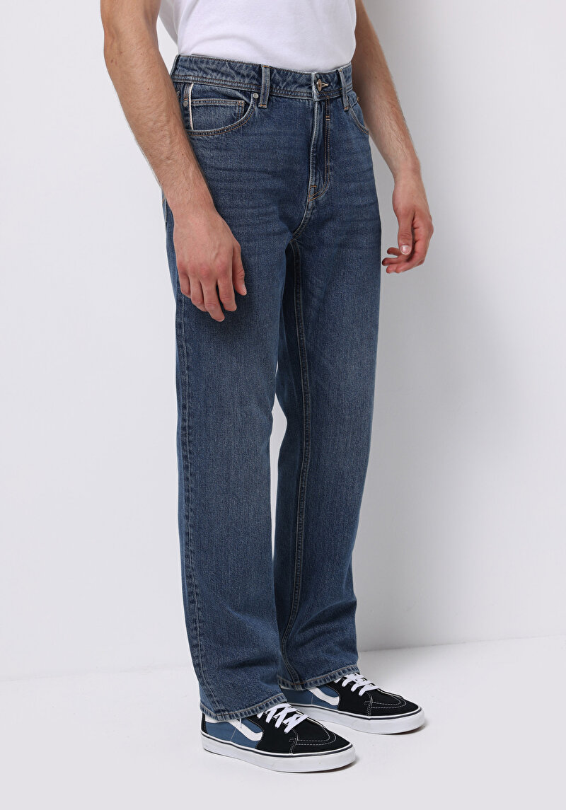 Loose Tapered Fit Erkek Mid İndigo Denim Jean Pantolon