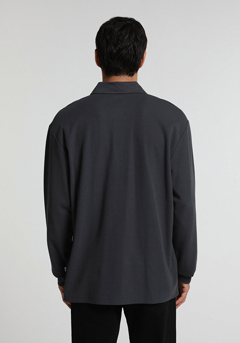 Relaxed Fit Polo Yaka Düz Erkek Antrasit Uzun Kol Tişört