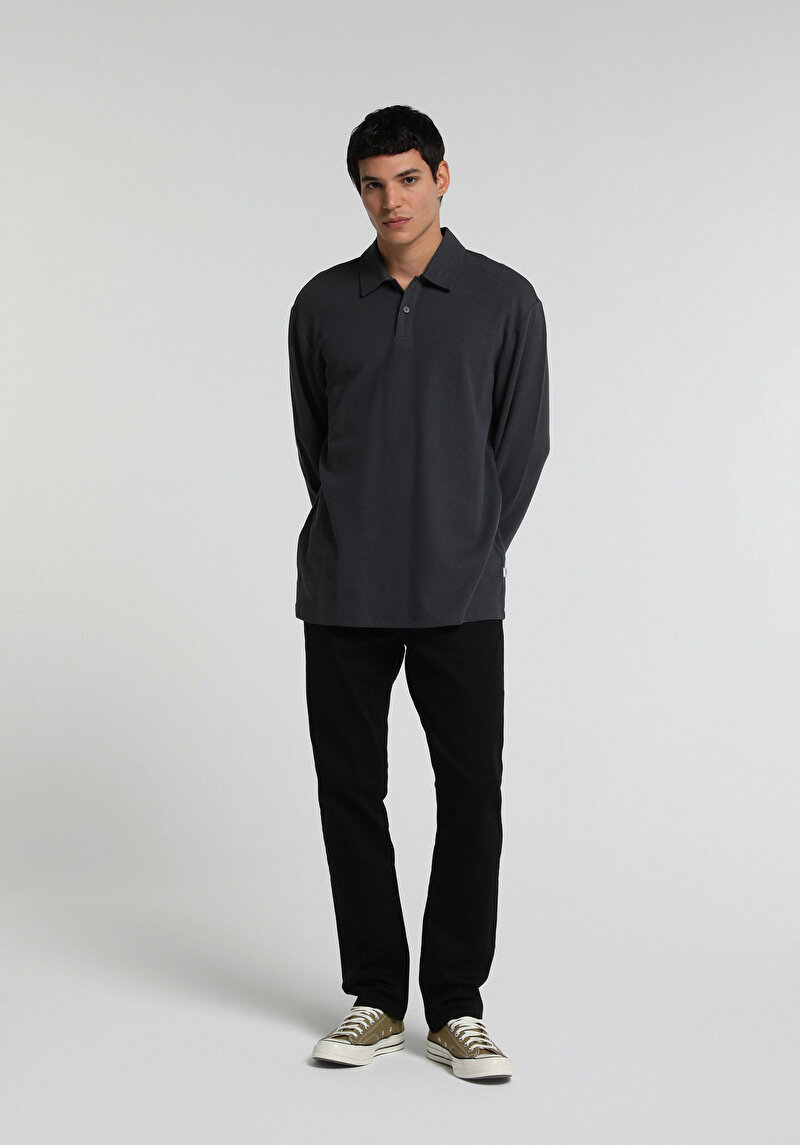 Relaxed Fit Polo Yaka Düz Erkek Antrasit Uzun Kol Tişört