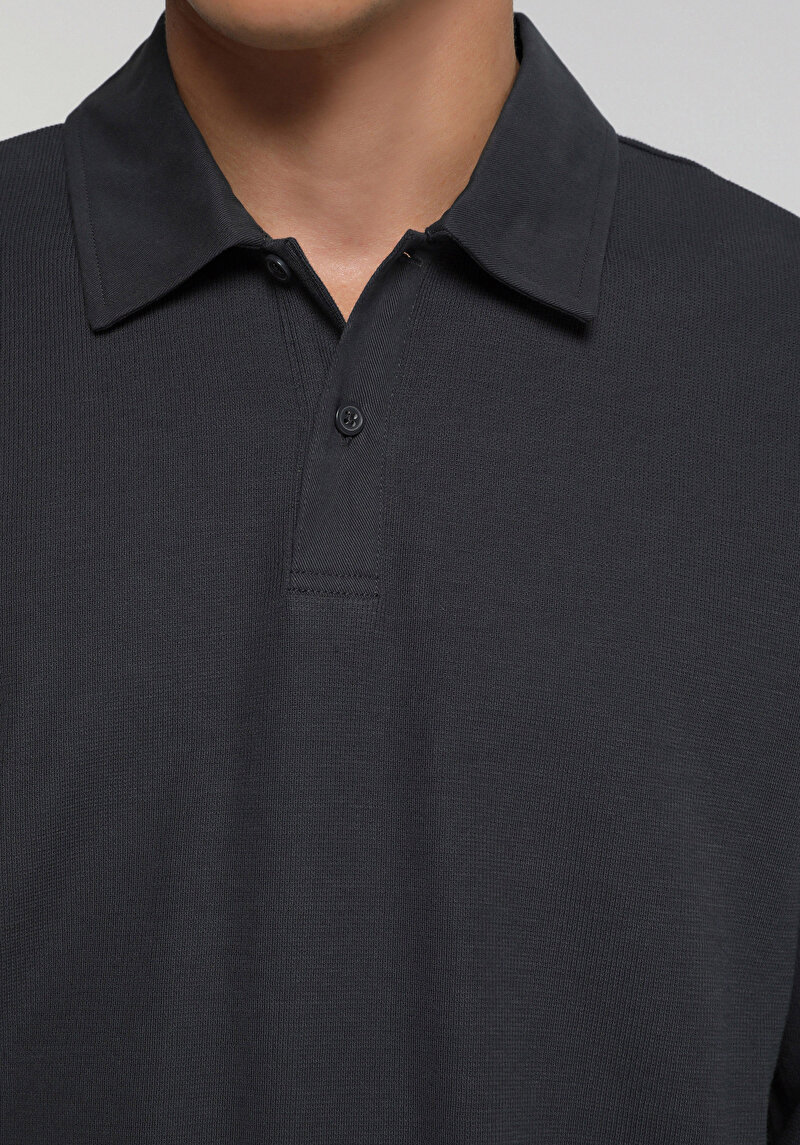 Relaxed Fit Polo Yaka Düz Erkek Antrasit Uzun Kol Tişört