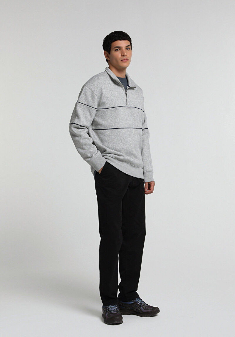 Relaxed Fit Dik Yaka Düz Erkek Gri Sweatshirt