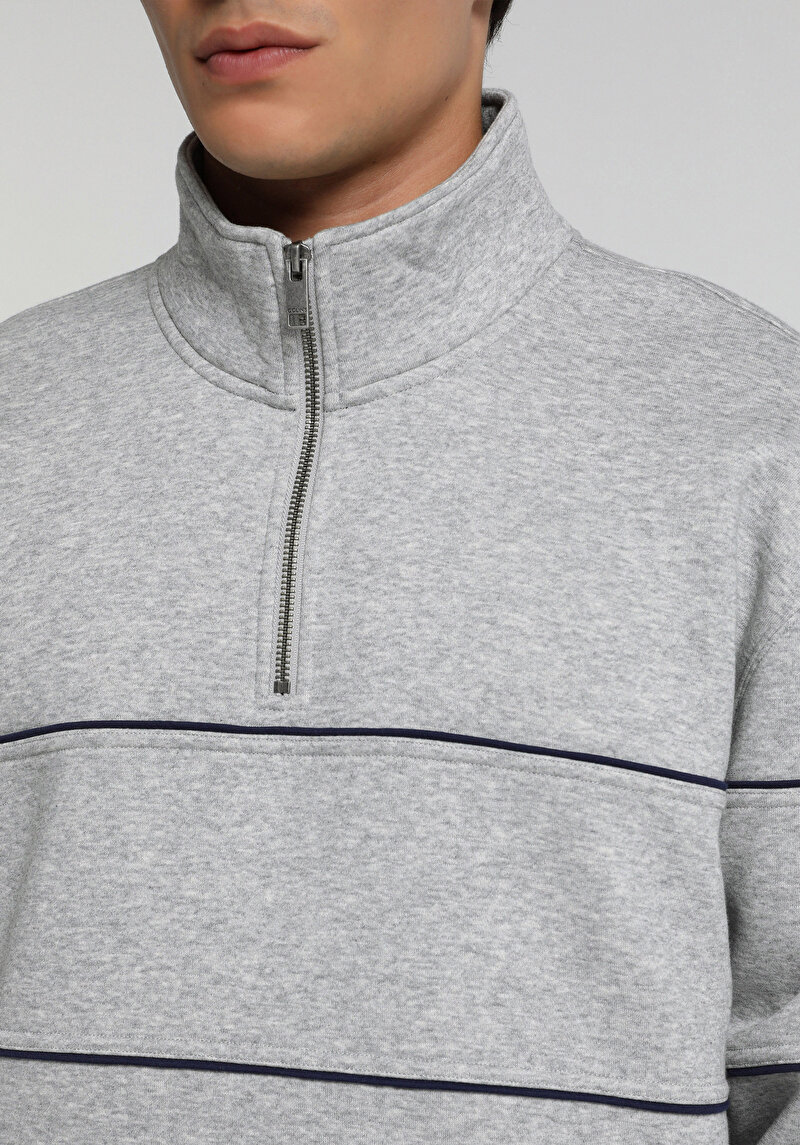Relaxed Fit Dik Yaka Düz Erkek Gri Sweatshirt