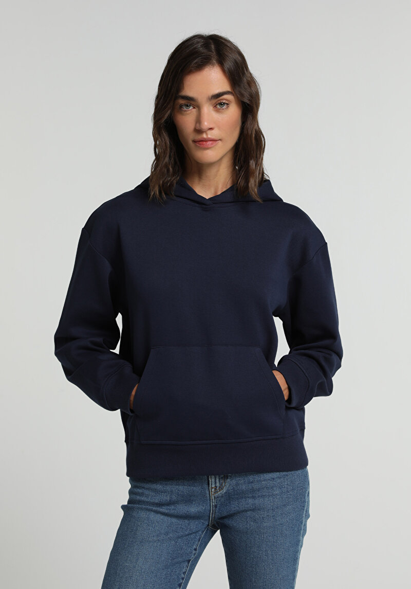 Regular Fit Kapüşonlu Düz Kadın Lacivert Sweatshirt