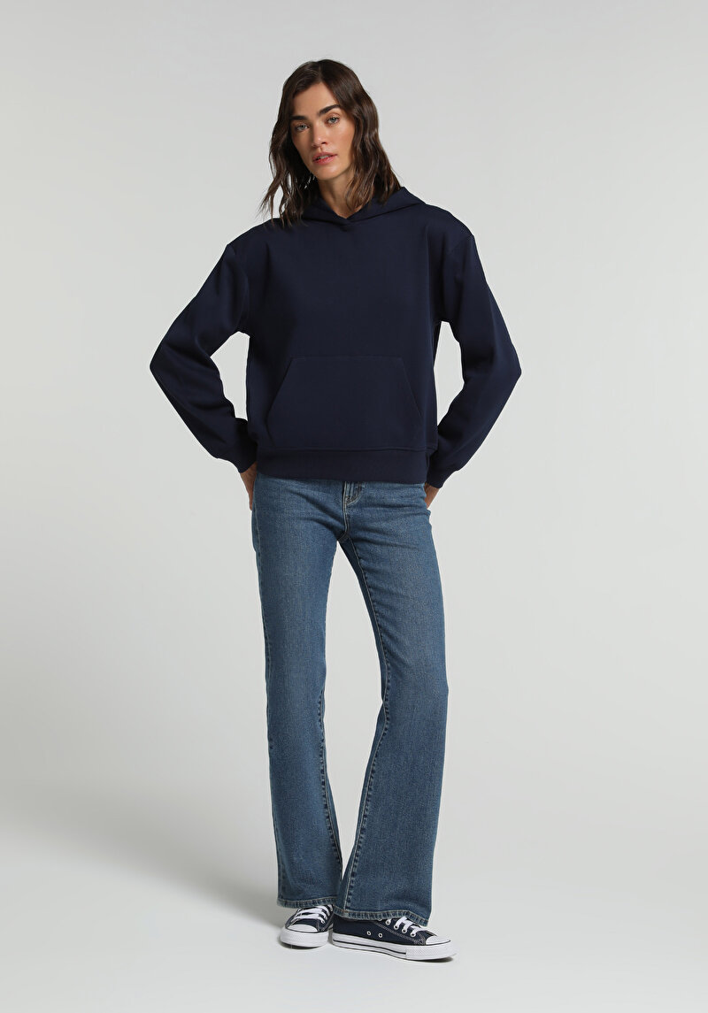 Regular Fit Kapüşonlu Düz Kadın Lacivert Sweatshirt