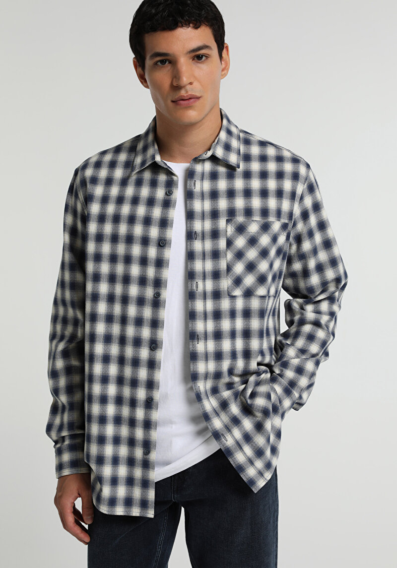 Regular Fit Shirt Neck Kareli Erkek Lacivert Uzun Kol Gömlek