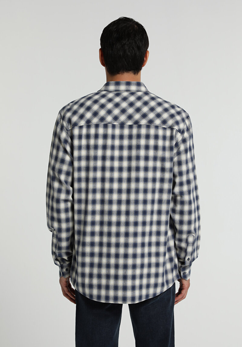 Regular Fit Shirt Neck Kareli Erkek Lacivert Uzun Kol Gömlek