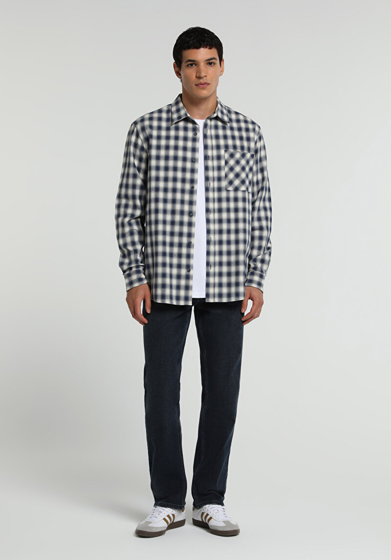 Regular Fit Shirt Neck Kareli Erkek Lacivert Uzun Kol Gömlek