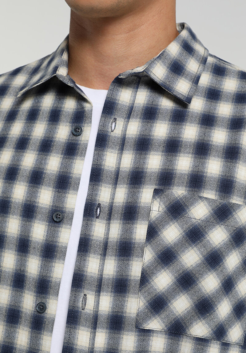 Regular Fit Shirt Neck Kareli Erkek Lacivert Uzun Kol Gömlek