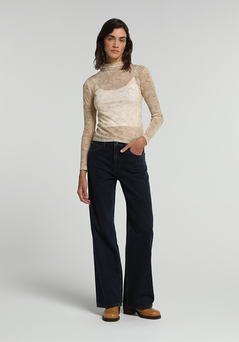 Slim Fit Dik Yaka Metraj Baskılı Kadın Sari Uzun Kol Tişört