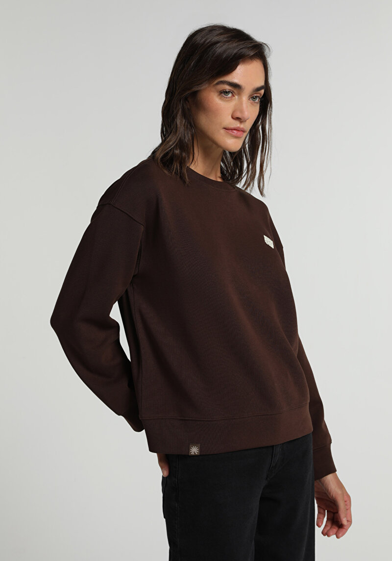 Regular Fit Yuvarlak Yaka Baskılı Kadın Kahverengi Sweatshirt