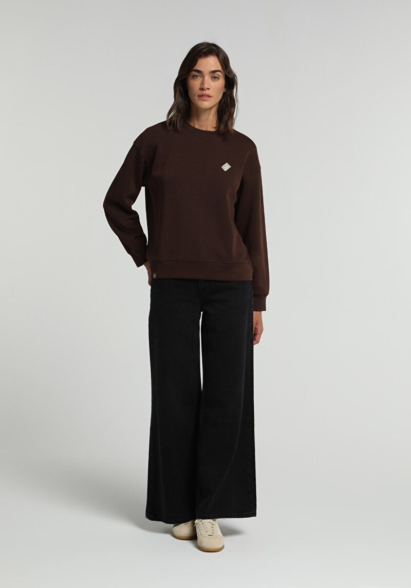 Regular Fit Yuvarlak Yaka Baskılı Kadın Kahverengi Sweatshirt