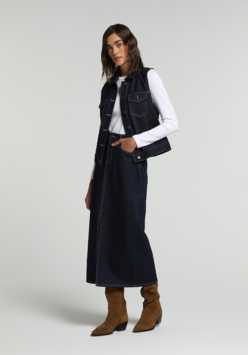 Regular Fit     Kadın Dark İndigo Denim Yelek