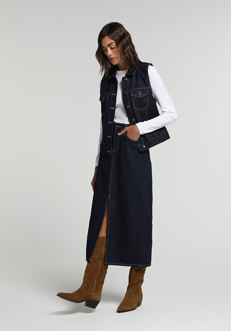 Slim Fit Düz Fermuarlı Kadın Dark İndigo Denim Etek