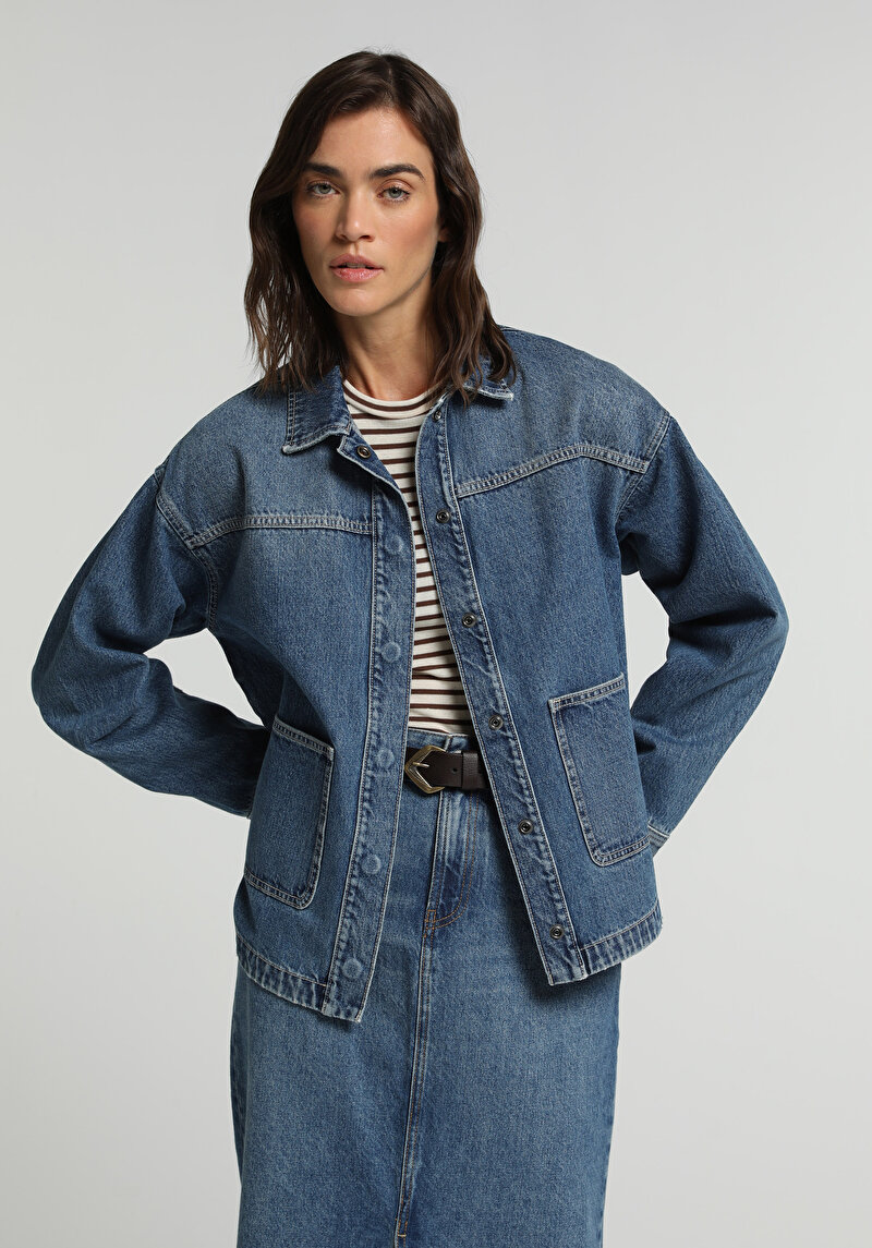 Oversize Fit   Kadın Mid İndigo Denim Shacket