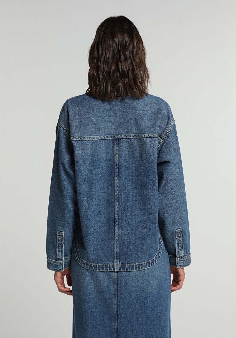 Oversize Fit Kadın Mid İndigo Denim Shacket