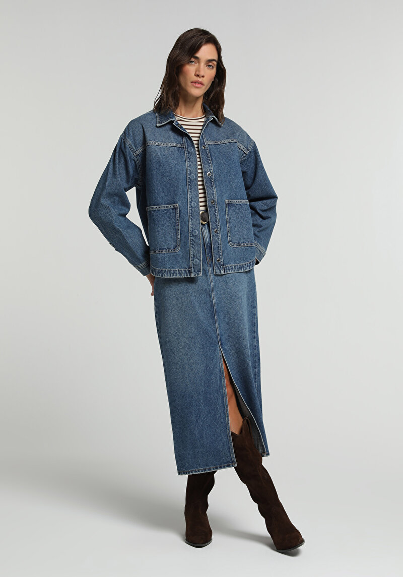 Oversize Fit Kadın Mid İndigo Denim Shacket