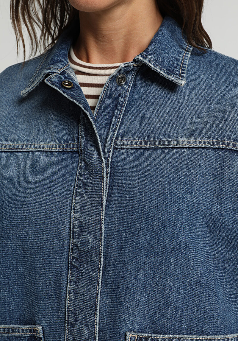 Oversize Fit   Kadın Mid İndigo Denim Shacket