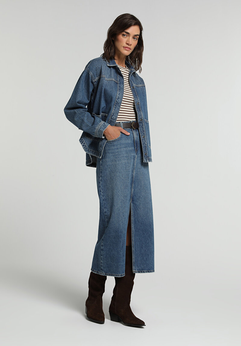 Slim Fit Düz Fermuarlı Kadın Mid İndigo Denim Etek