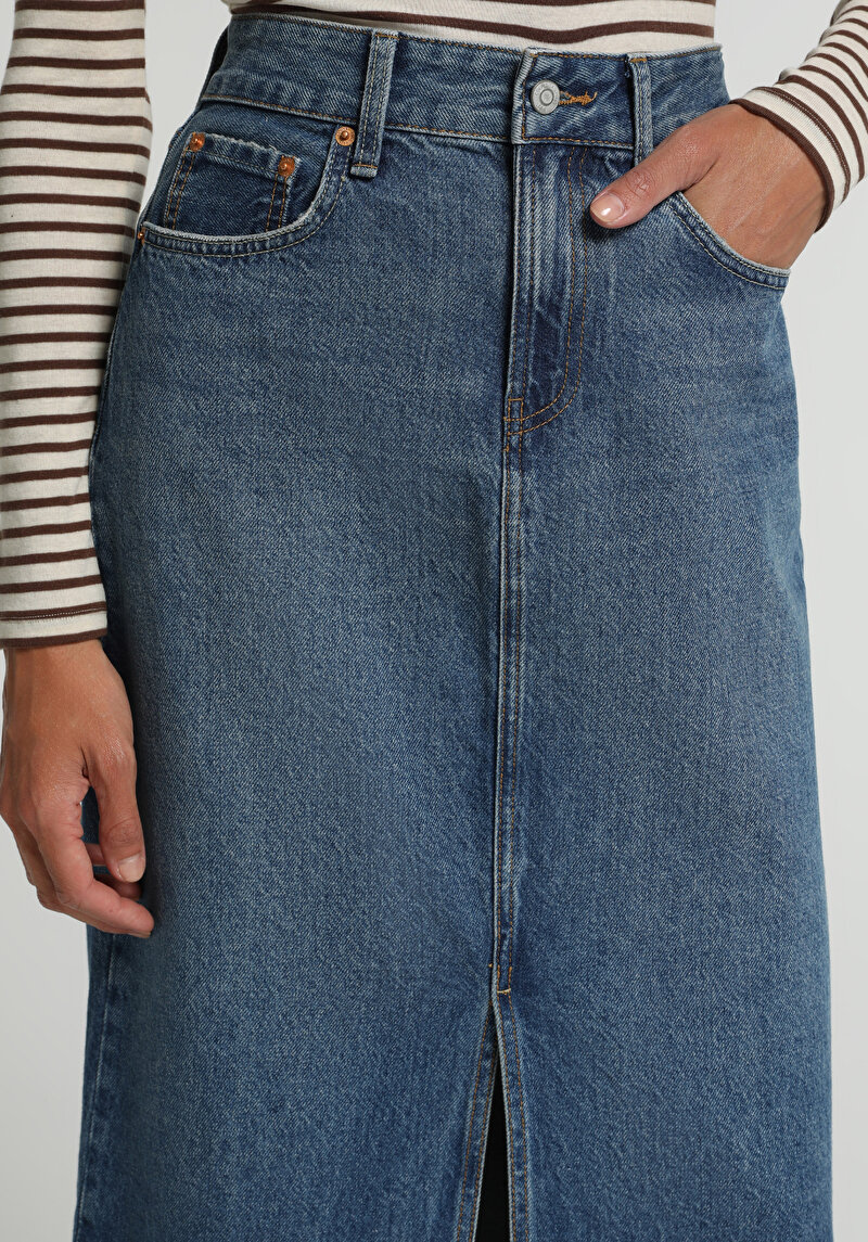 Slim Fit Düz Fermuarlı Kadın Mid İndigo Denim Etek
