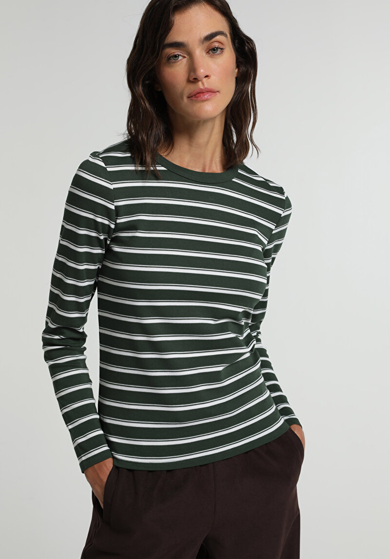 Slim Fit Yuvarlak Yaka Çizgili Kadın Yeşil Uzun Kol Tişört