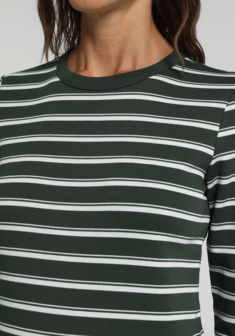 Slim Fit Yuvarlak Yaka Çizgili Kadın Yeşil Uzun Kol Tişört