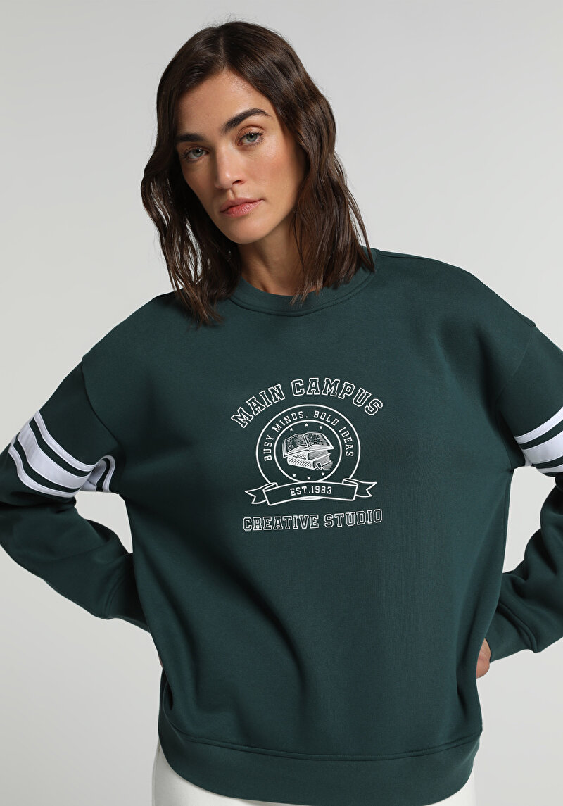 Regular Fit Yuvarlak Yaka Baskılı Kadın Yeşil Sweatshirt