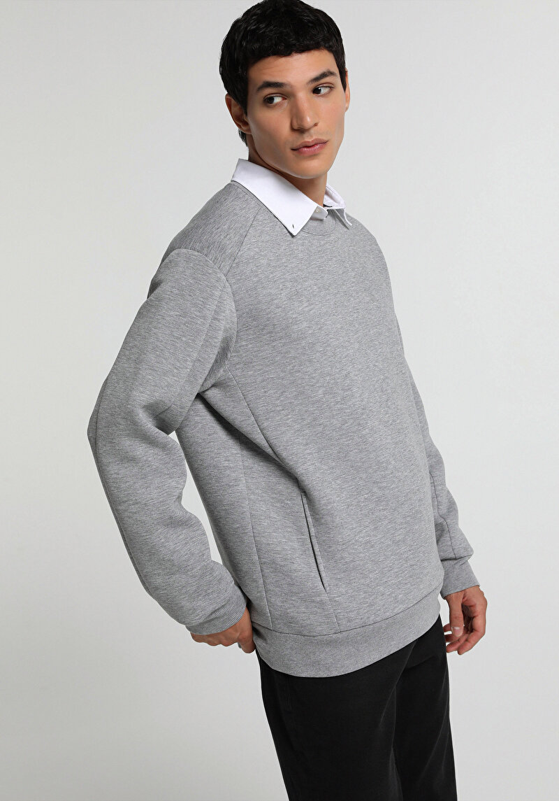 Relaxed Fit Yuvarlak Yaka Düz Erkek Gri Sweatshirt
