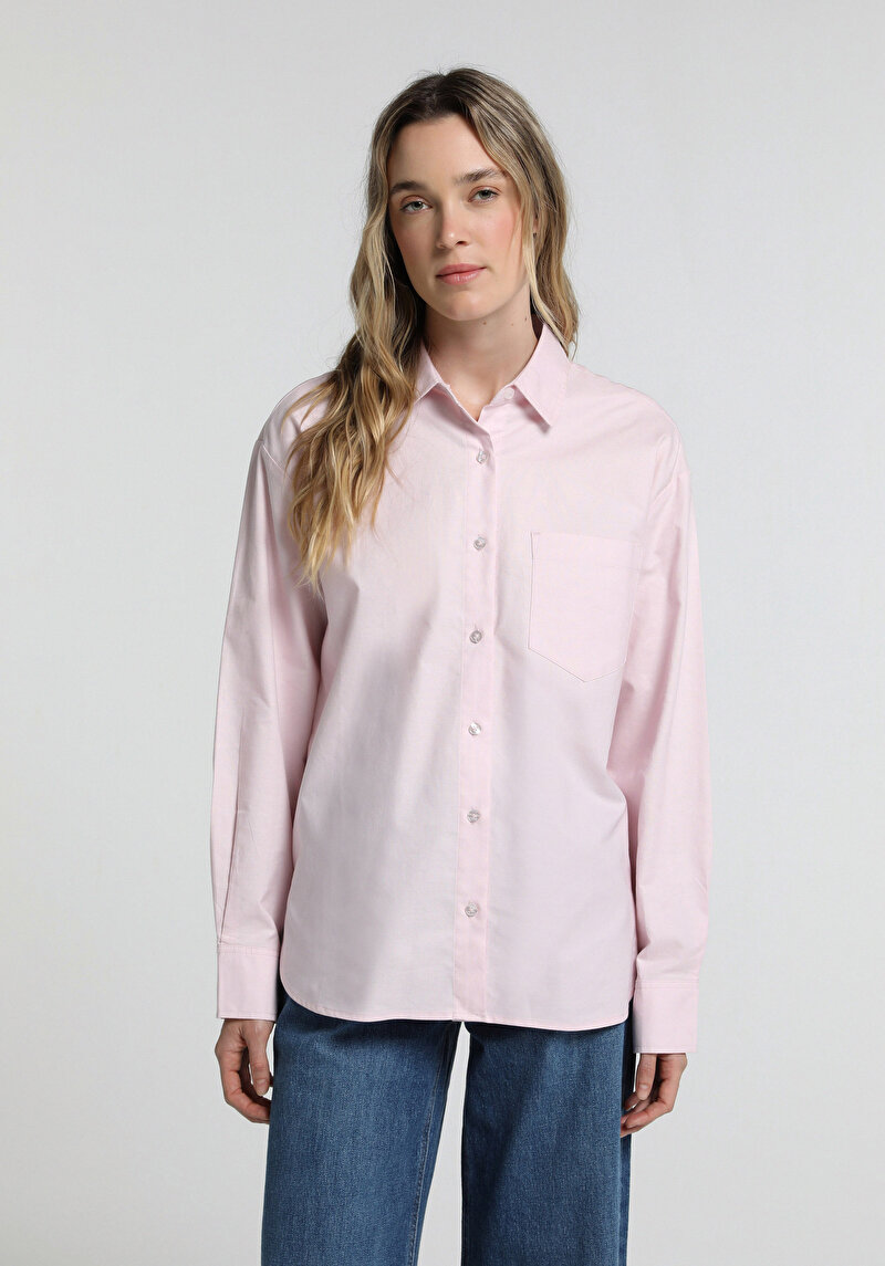Boyfriend Fit Shirt Neck Düz Kadın Pembe Uzun Kol Gömlek