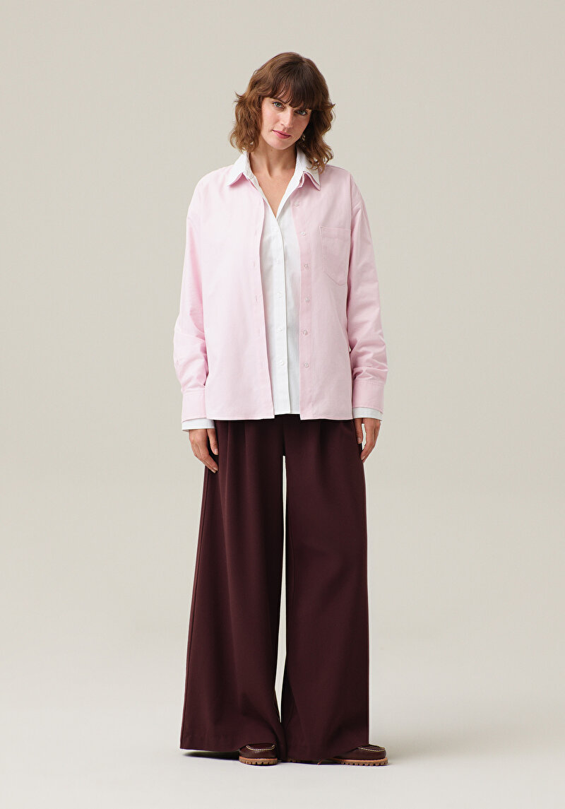 Boyfriend Fit Shirt Neck Düz Kadın Pembe Uzun Kol Gömlek