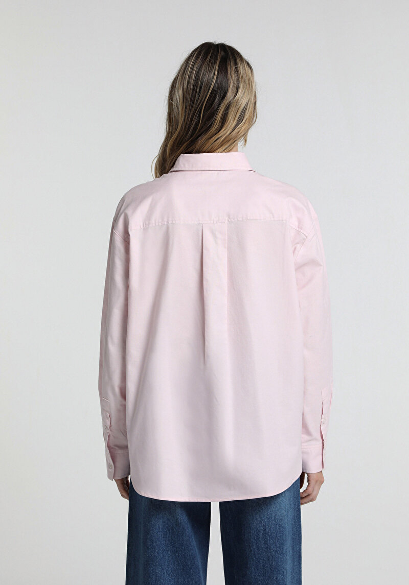 Boyfriend Fit Shirt Neck Düz Kadın Pembe Uzun Kol Gömlek
