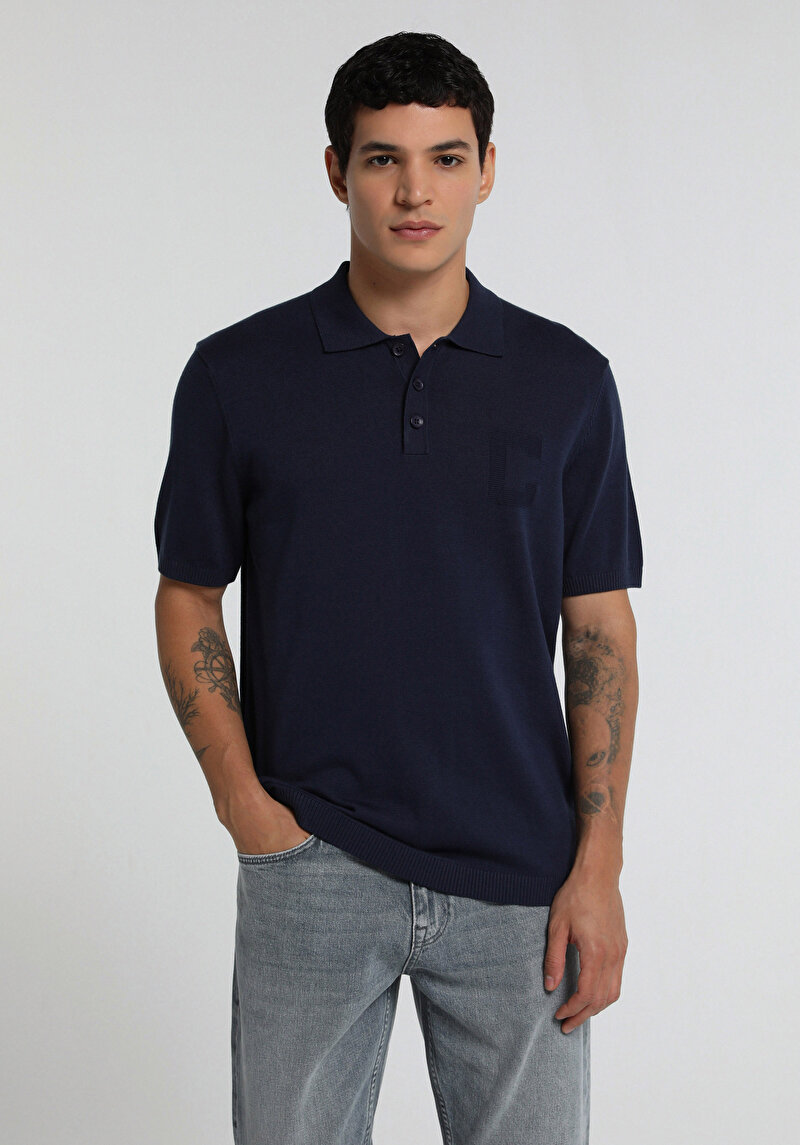 Regular Fit Polo Yaka Jakarlı Erkek Lacivert Kısa Kol Kazak