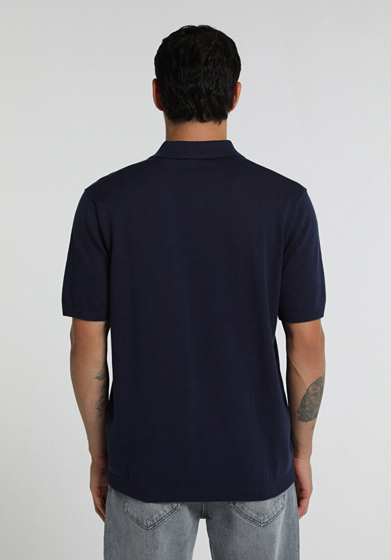 Regular Fit Polo Yaka Jakarlı Erkek Lacivert Kısa Kol Kazak