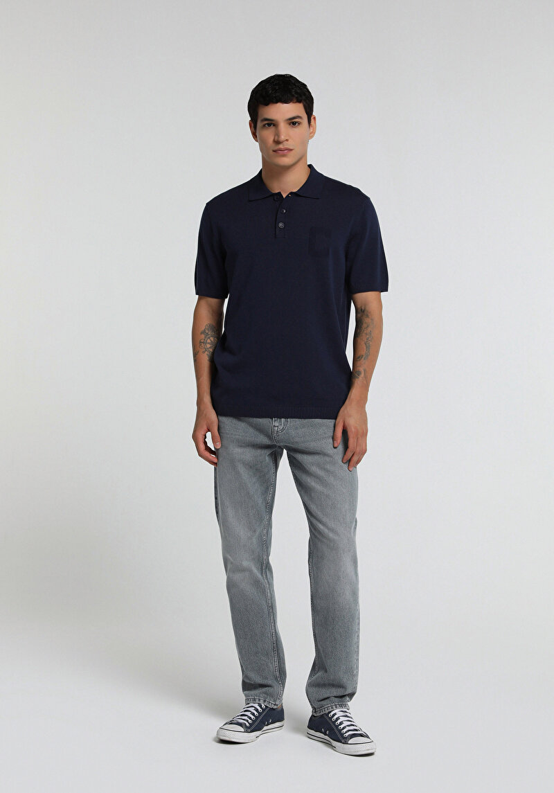 Regular Fit Polo Yaka Jakarlı Erkek Lacivert Kısa Kol Kazak