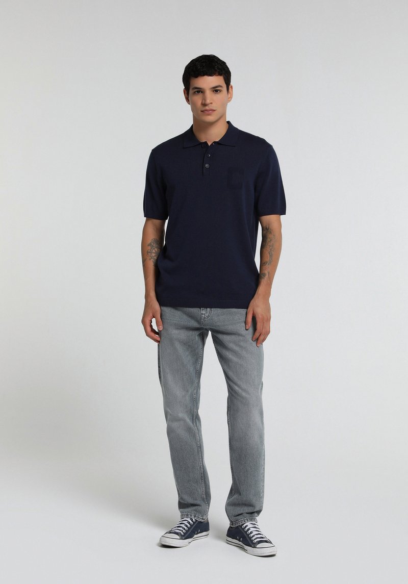 Regular Fit Polo Yaka Jakarlı Erkek Lacivert Kısa Kol Kazak